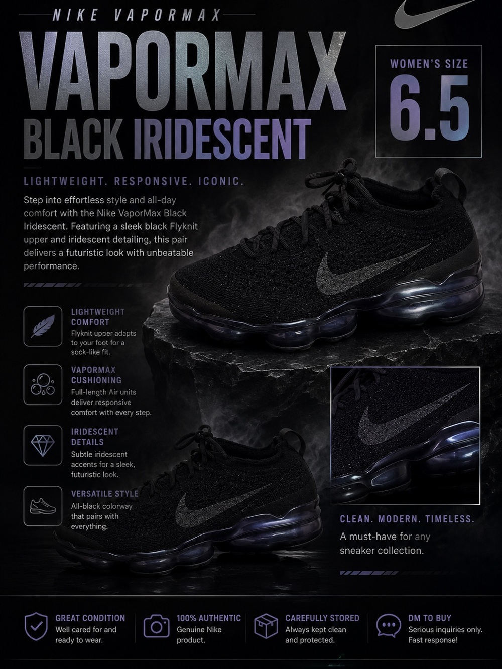 Women’s  Nike Vapormax BLACK IRIDESCENT Size 6.5